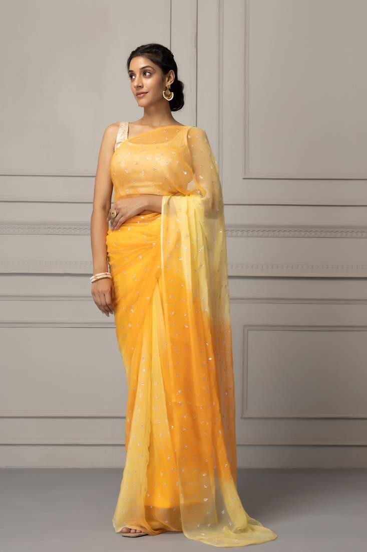 Yellow Shaded Hand Embroidered Chiffon Saree