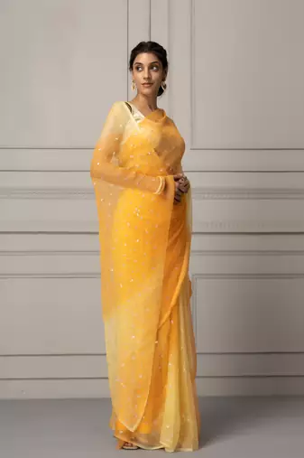 Yellow Shaded Hand Embroidered Chiffon Saree