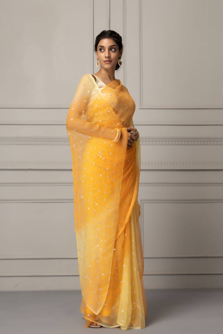 Yellow Shaded Hand Embroidered Chiffon Saree