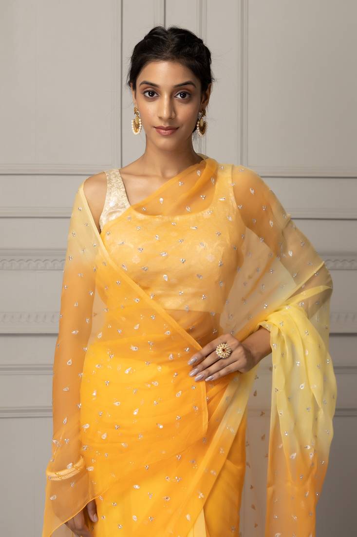 Yellow Shaded Hand Embroidered Chiffon Saree