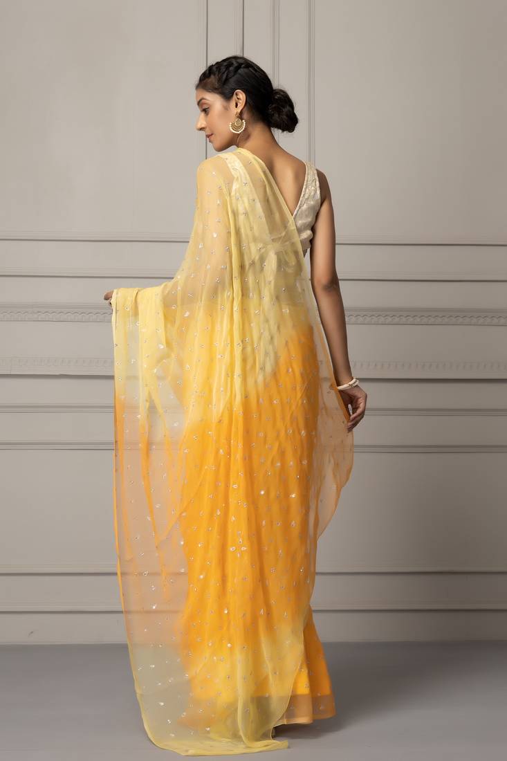 Yellow Shaded Hand Embroidered Chiffon Saree