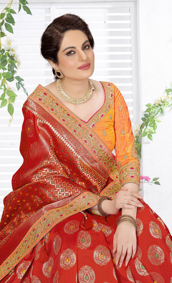 Trendmalls  Red Silk Embroidered Jacquard Work Party Wear Saree With Blouse