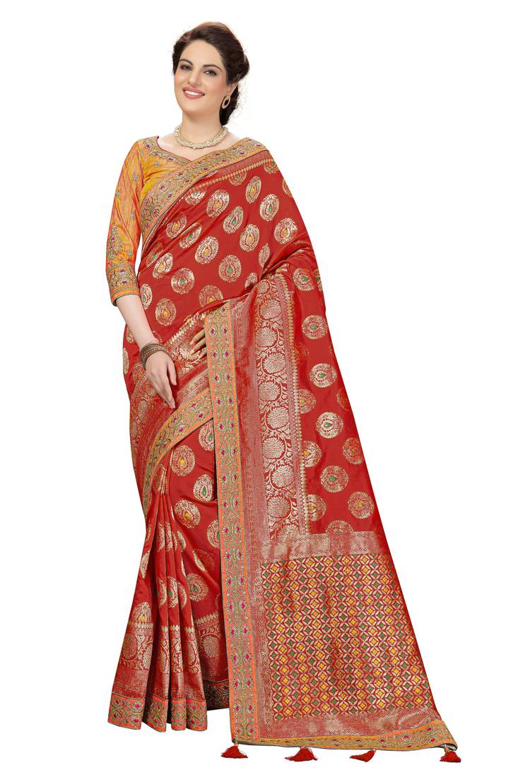 Trendmalls  Red Silk Embroidered Jacquard Work Party Wear Saree With Blouse