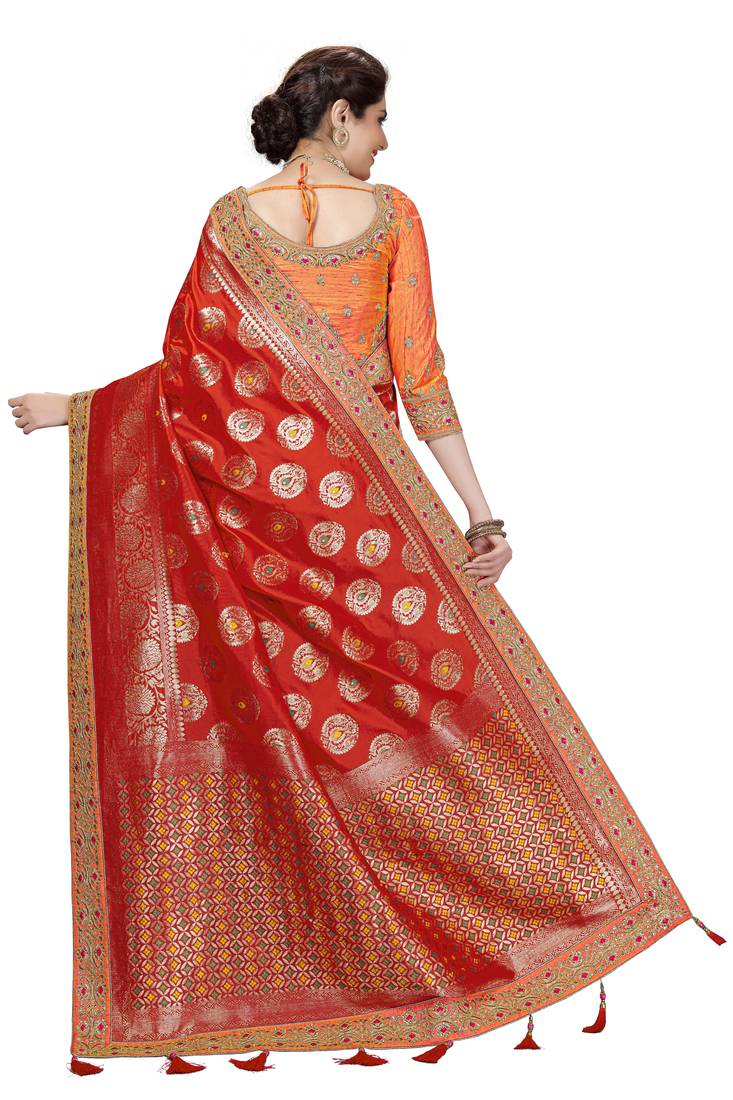 Trendmalls  Red Silk Embroidered Jacquard Work Party Wear Saree With Blouse