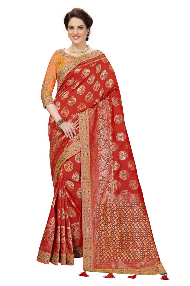 Trendmalls  Red Silk Embroidered Jacquard Work Party Wear Saree With Blouse