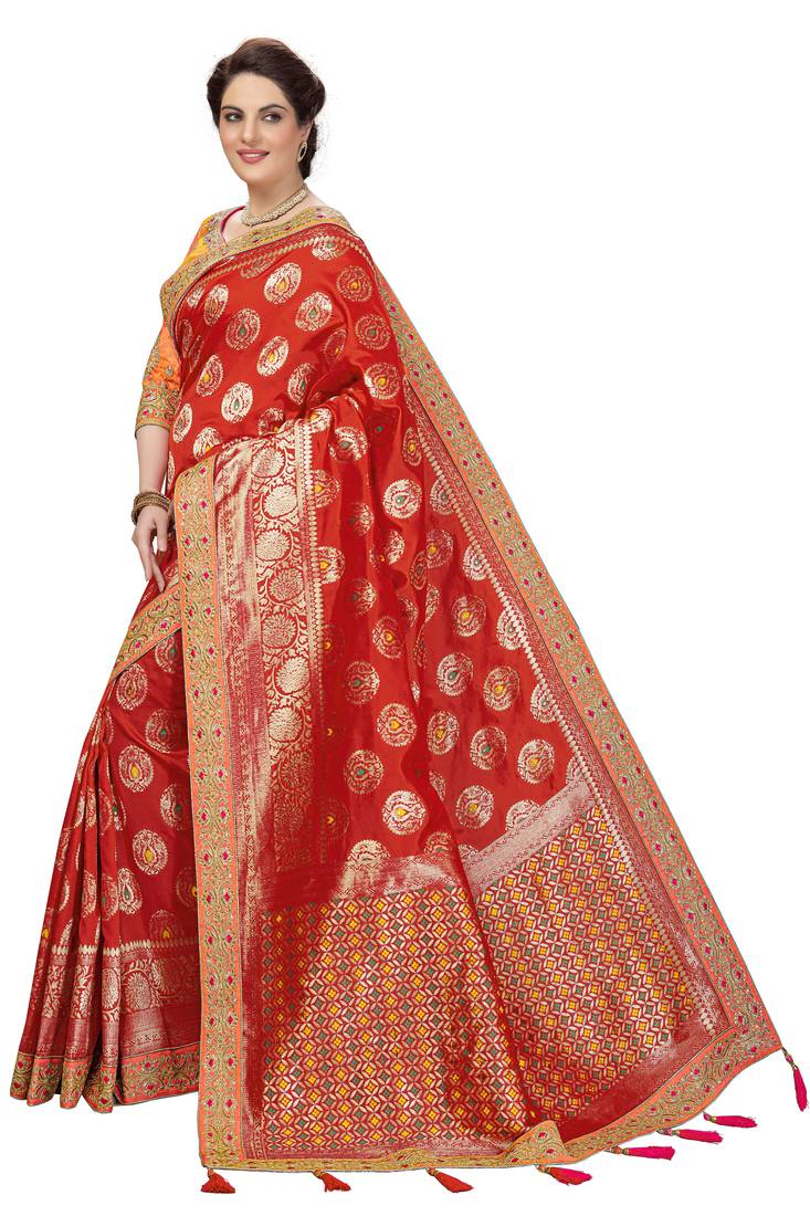 Trendmalls  Red Silk Embroidered Jacquard Work Party Wear Saree With Blouse