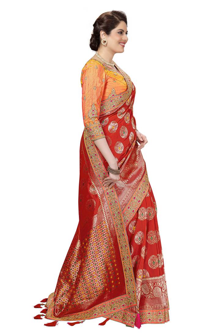 Trendmalls  Red Silk Embroidered Jacquard Work Party Wear Saree With Blouse