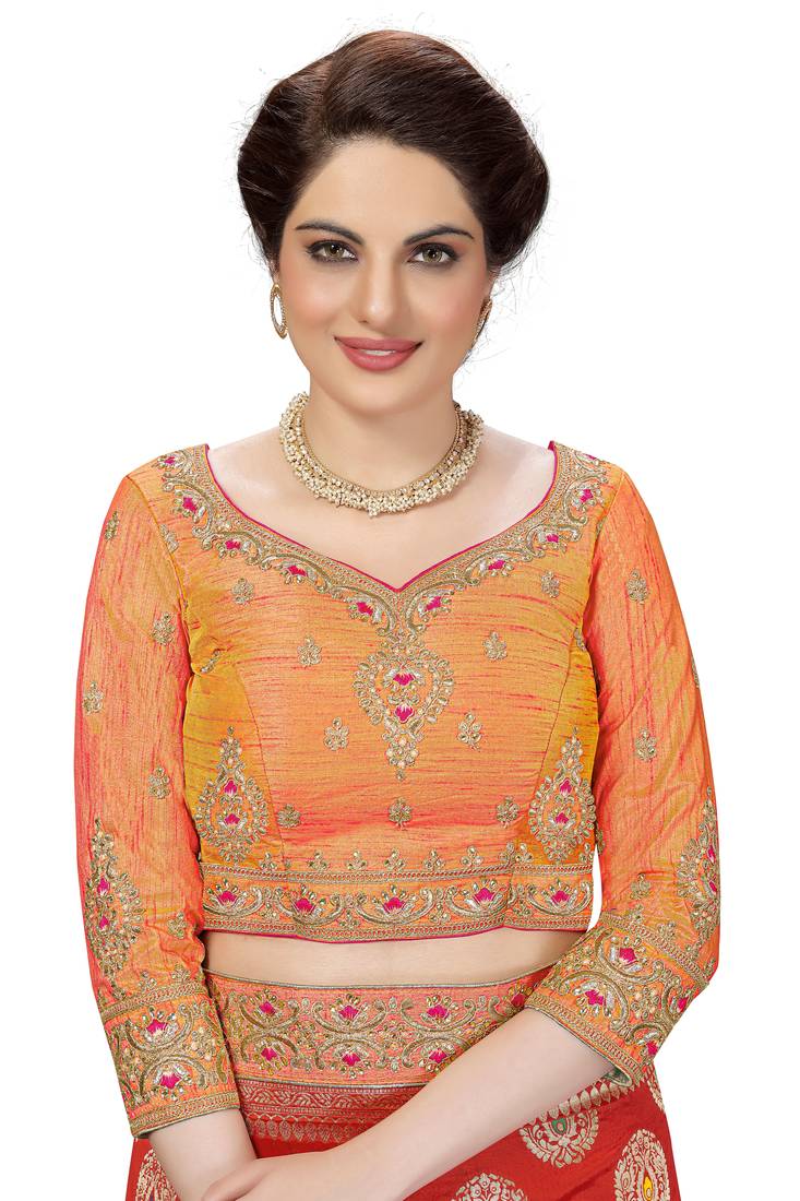 Trendmalls  Red Silk Embroidered Jacquard Work Party Wear Saree With Blouse