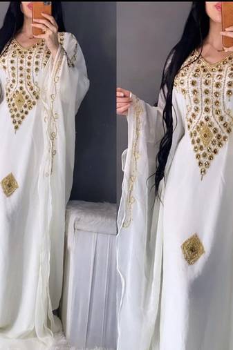 White Zari & Stone Work Stitched Georgette Abaya Wedding Dress