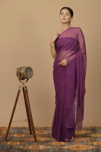 Purple Chiffon Hand Embroidered Mukaish Saree