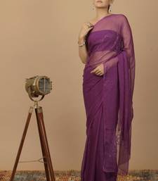 Purple Chiffon Hand Embroidered Mukaish Saree