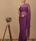 Purple Chiffon Hand Embroidered Mukaish Saree