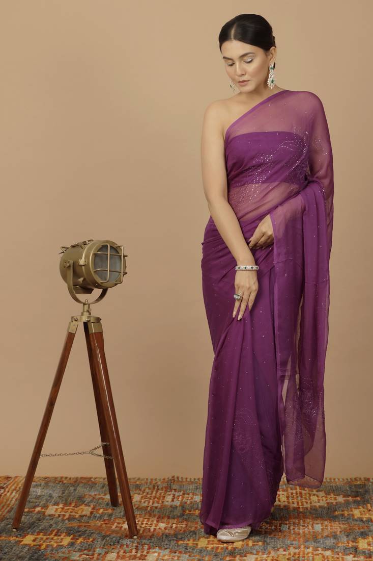 Purple Chiffon Hand Embroidered Mukaish Saree