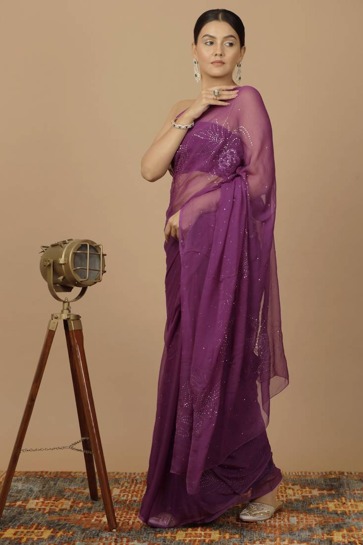 Purple Chiffon Hand Embroidered Mukaish Saree