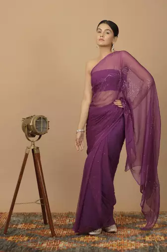 Purple Chiffon Hand Embroidered Mukaish Saree