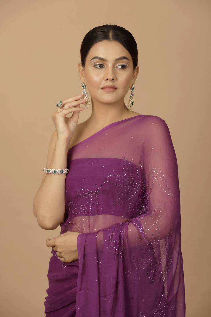 Purple Chiffon Hand Embroidered Mukaish Saree