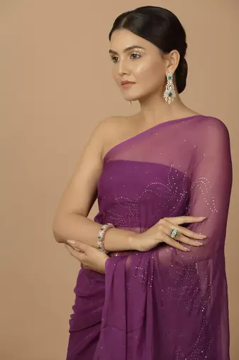Purple Chiffon Hand Embroidered Mukaish Saree