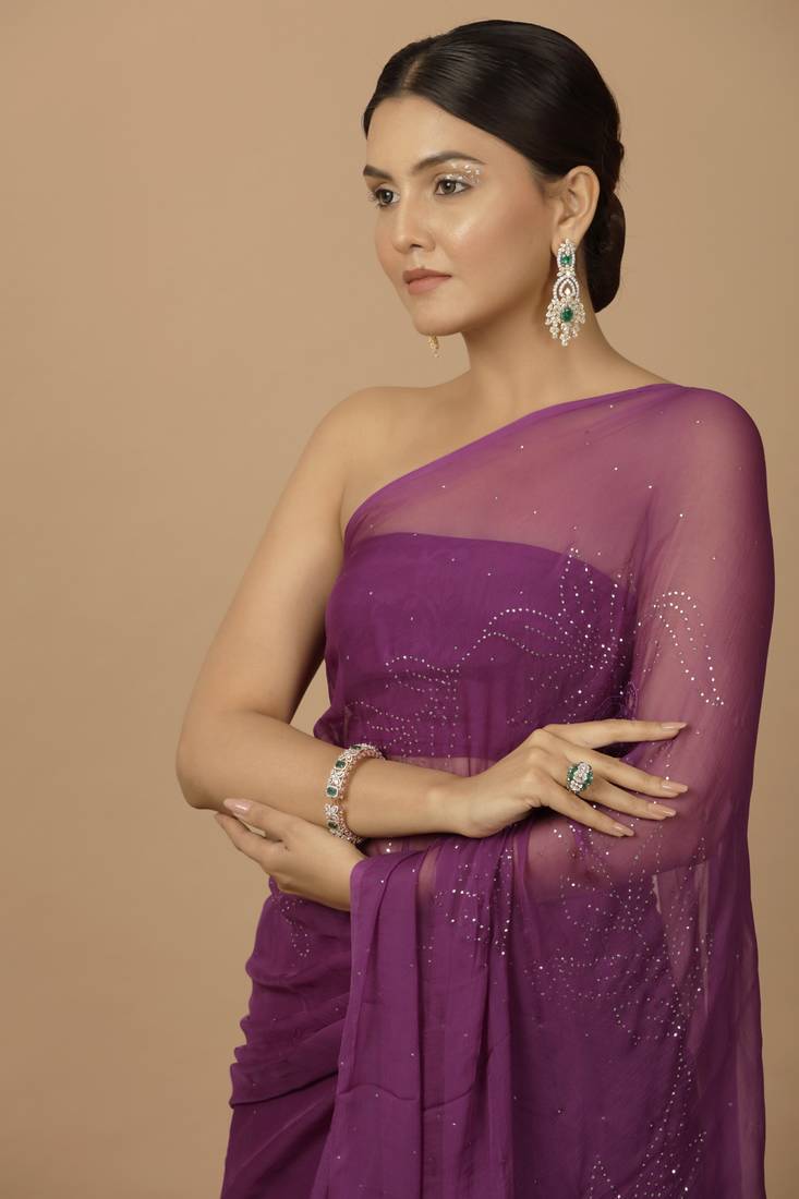 Purple Chiffon Hand Embroidered Mukaish Saree