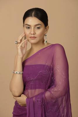 Purple Chiffon Hand Embroidered Mukaish Saree 7