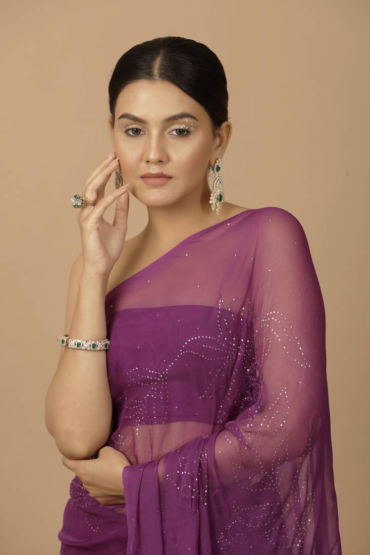 Purple Chiffon Hand Embroidered Mukaish Saree