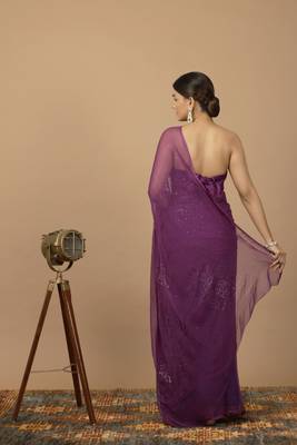 Purple Chiffon Hand Embroidered Mukaish Saree 8