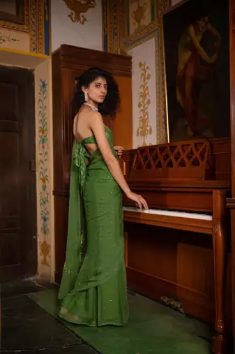   Green Chiffon Hand Embroidered Mukaish Saree