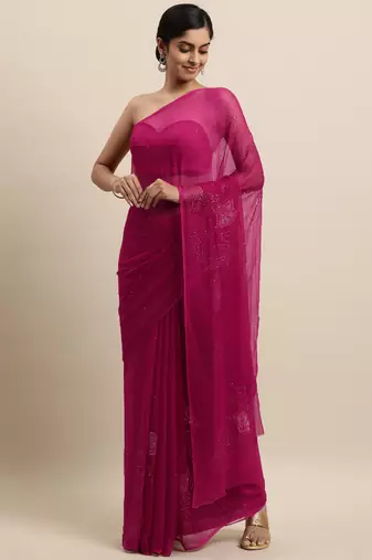 Magenta Pink Chiffon Hand Embroidered Mukaish Saree