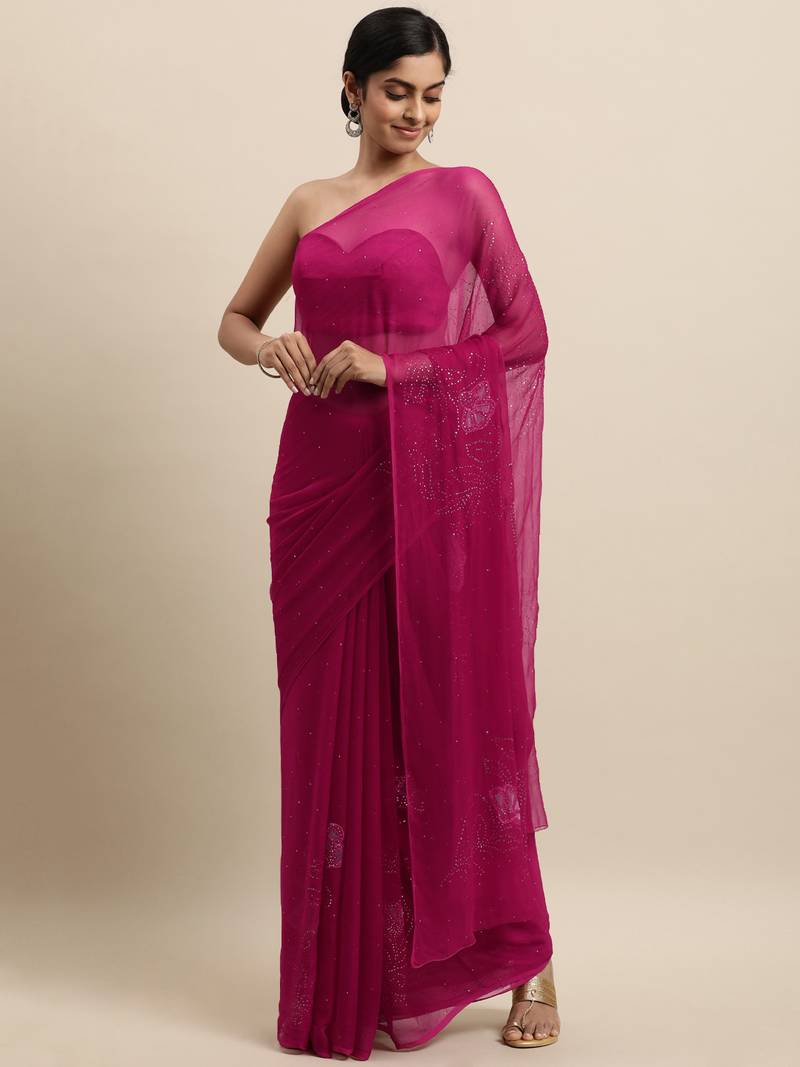 Magenta Pink Chiffon Hand Embroidered Mukaish Saree