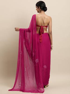 Magenta Pink Chiffon Hand Embroidered Mukaish Saree 2