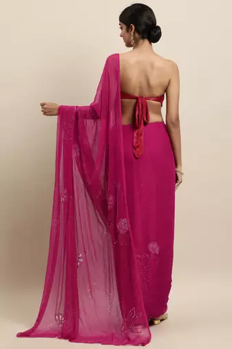 Magenta Pink Chiffon Hand Embroidered Mukaish Saree