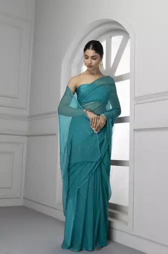 Forest Green Hand Embroidered Mukaish Chiffon Saree