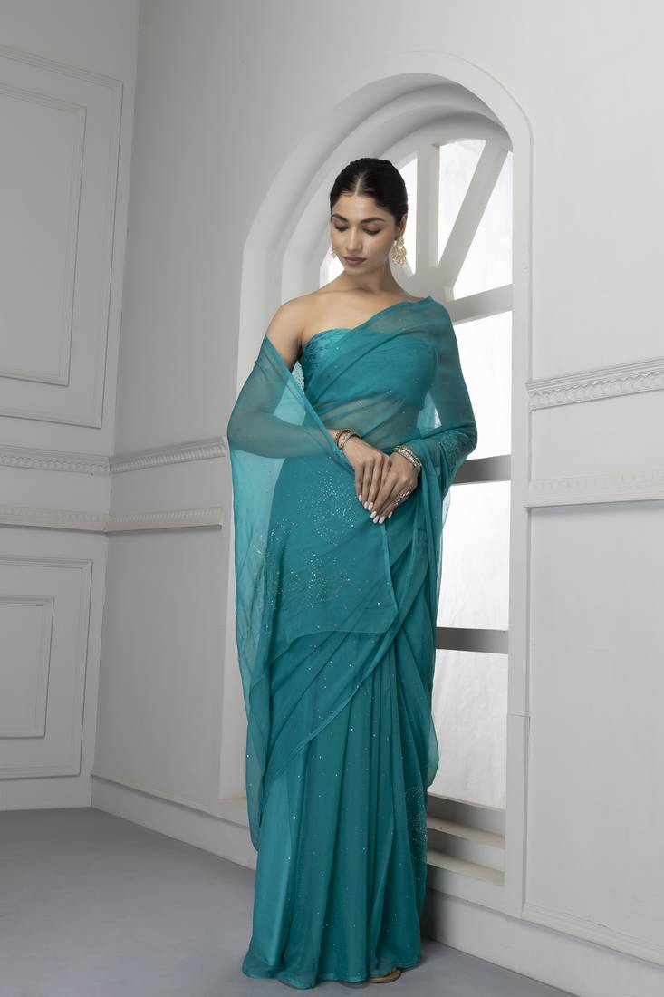 Forest Green Hand Embroidered Mukaish Chiffon Saree