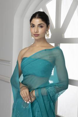 Forest Green Hand Embroidered Mukaish Chiffon Saree 3