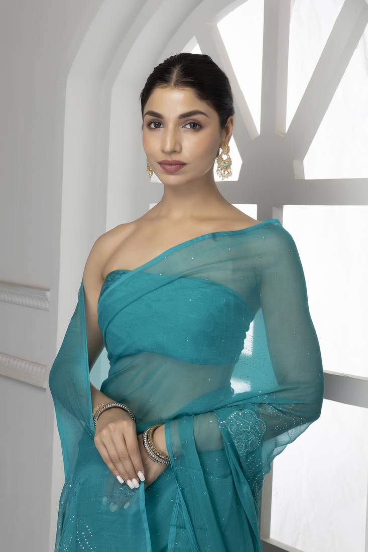 Forest Green Hand Embroidered Mukaish Chiffon Saree