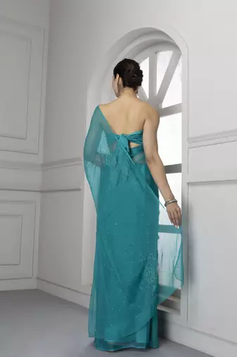 Forest Green Hand Embroidered Mukaish Chiffon Saree