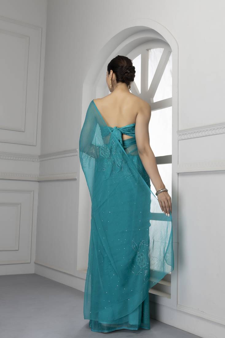 Forest Green Hand Embroidered Mukaish Chiffon Saree