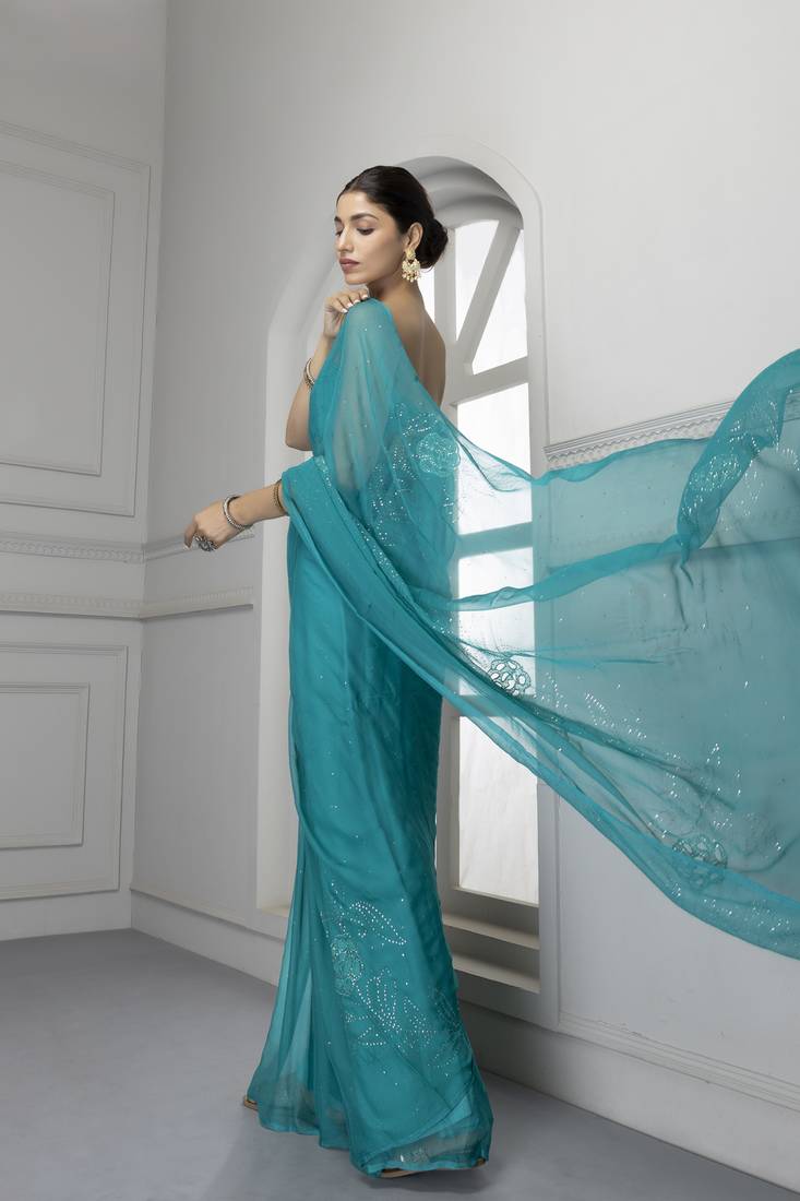 Forest Green Hand Embroidered Mukaish Chiffon Saree