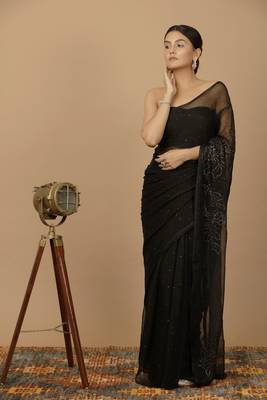 Black Chiffon Hand Embroidered Mukaish Saree 2