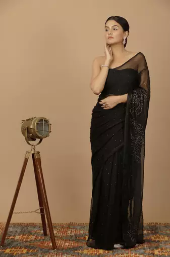 Black Chiffon Hand Embroidered Mukaish Saree