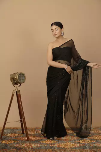 Black Chiffon Hand Embroidered Mukaish Saree