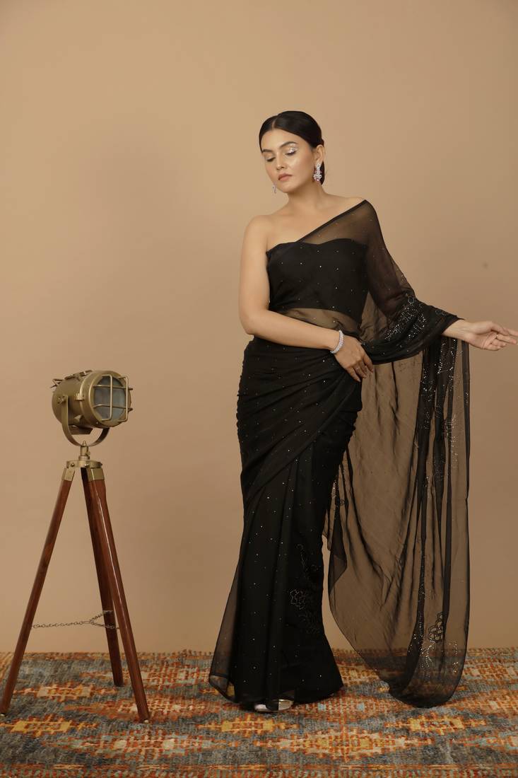 Black Chiffon Hand Embroidered Mukaish Saree