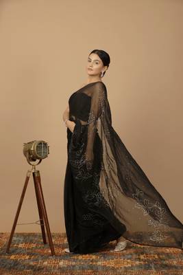 Black Chiffon Hand Embroidered Mukaish Saree 4