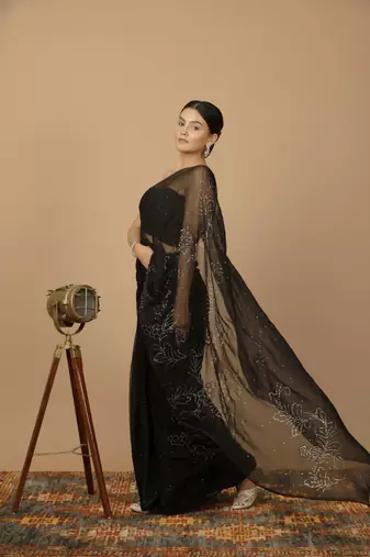 Black Chiffon Hand Embroidered Mukaish Saree