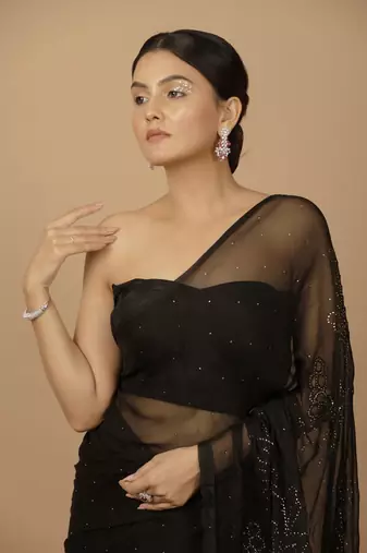 Black Chiffon Hand Embroidered Mukaish Saree