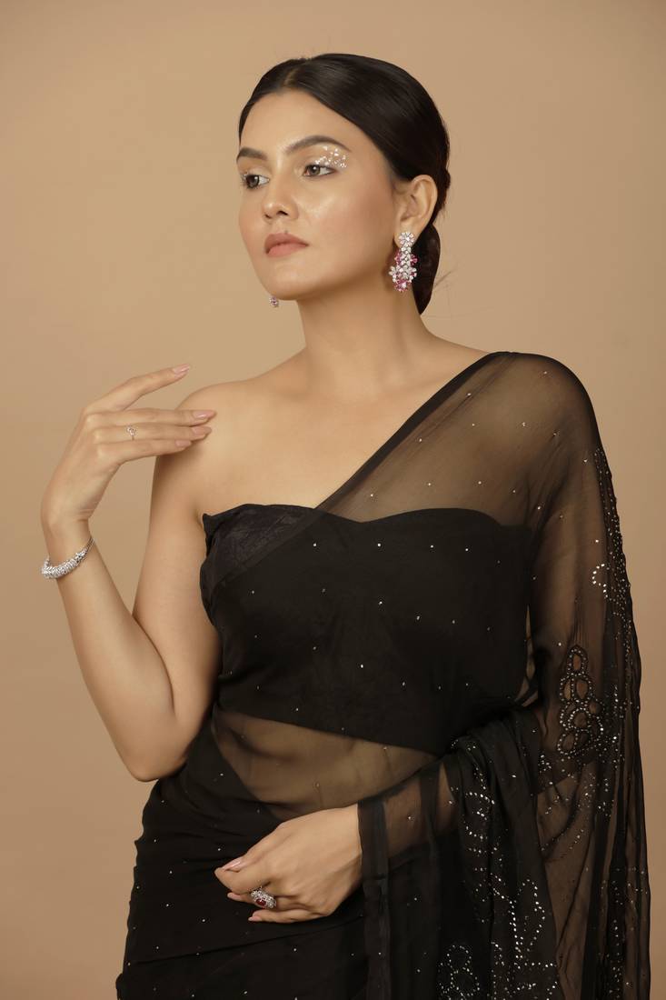 Black Chiffon Hand Embroidered Mukaish Saree