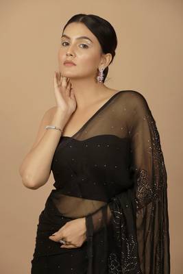 Black Chiffon Hand Embroidered Mukaish Saree 6