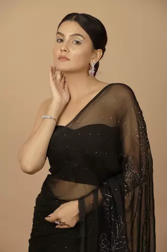 Black Chiffon Hand Embroidered Mukaish Saree