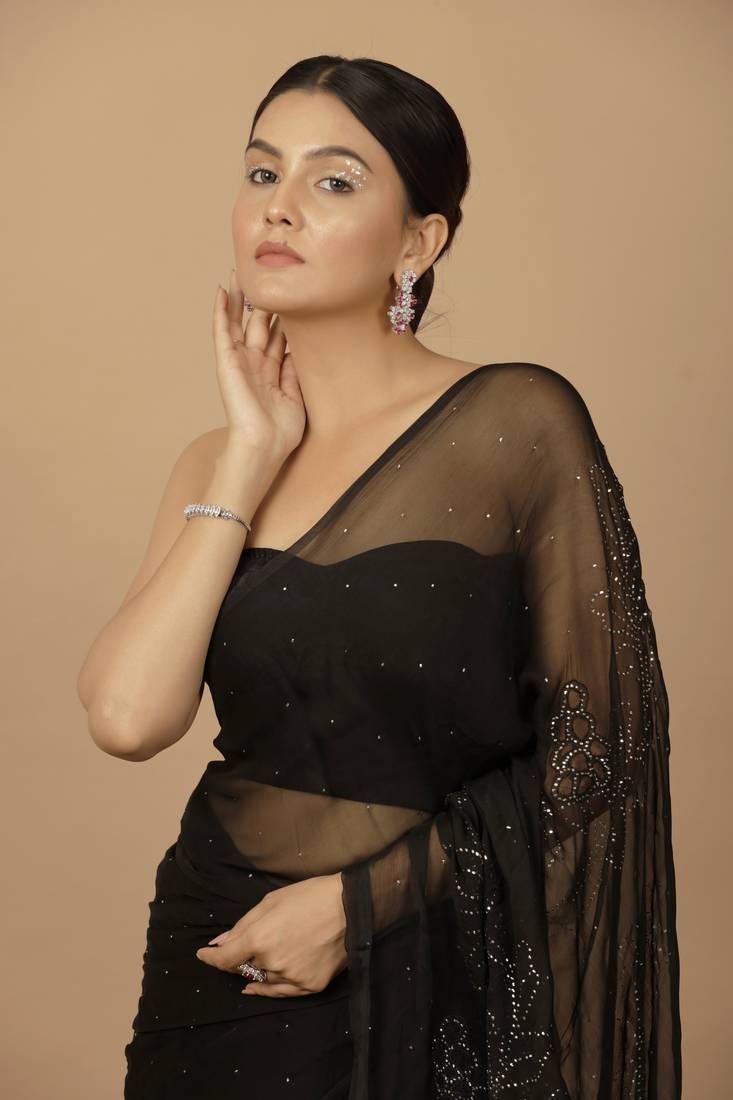 Black Chiffon Hand Embroidered Mukaish Saree