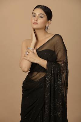 Black Chiffon Hand Embroidered Mukaish Saree 7