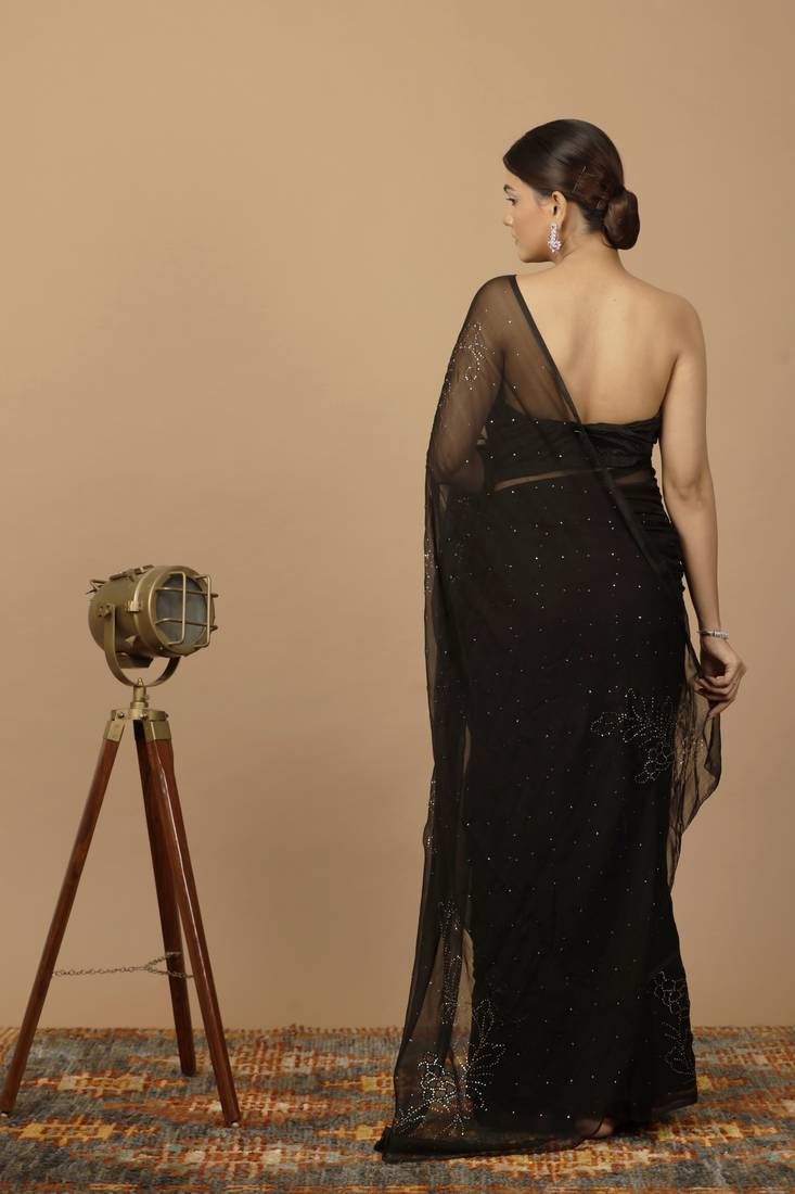 Black Chiffon Hand Embroidered Mukaish Saree